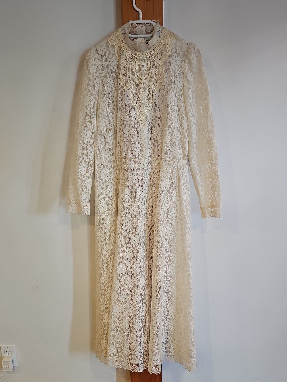 Vintage 60s Ivory Lace Long Sleeve Midi Dress